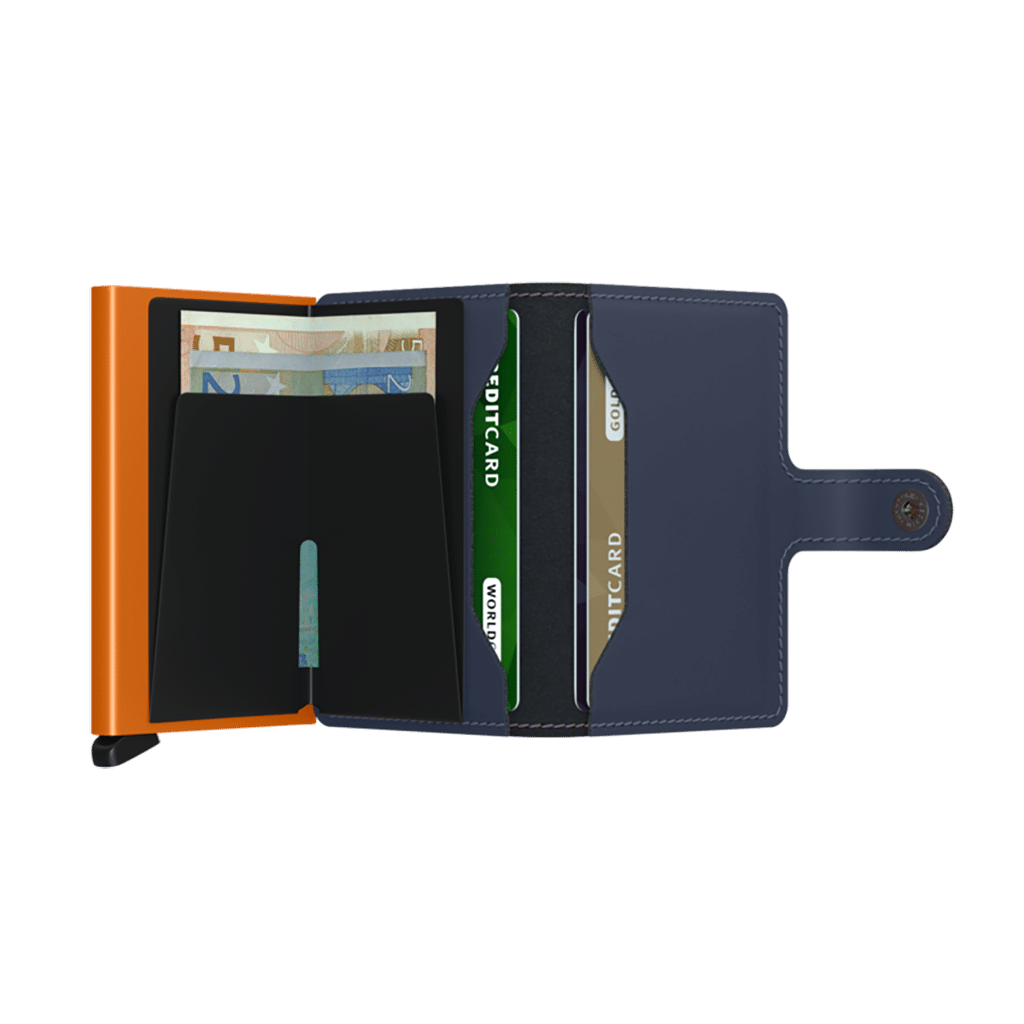 Miniwallet Matte Nightblue & Orange : Élégance et Compacité, Secrid, vue de face ouvert sur fond blanc