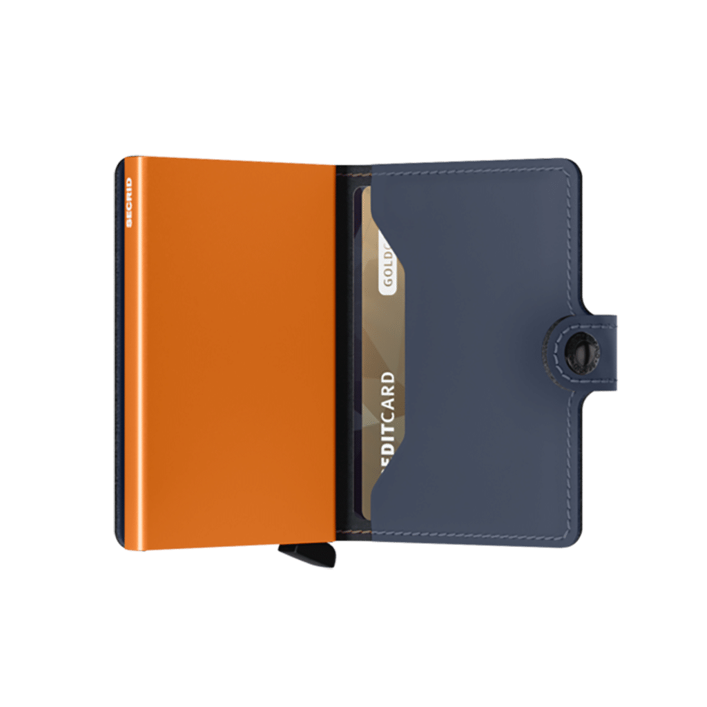 Miniwallet Matte Nightblue & Orange : Élégance et Compacité, Secrid, vue de face ouvert sur fond blanc