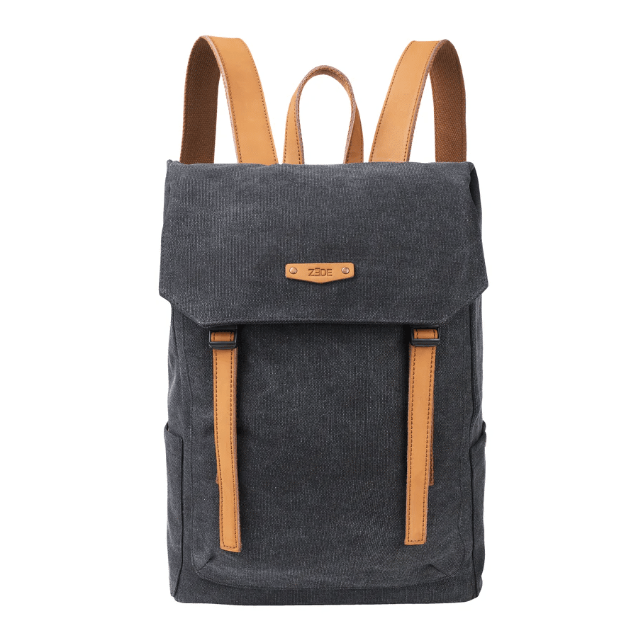 Sac à dos Quai de la Gare  - Toile et cuir - Noir – ZEDE - Vu de face sur fond blanc