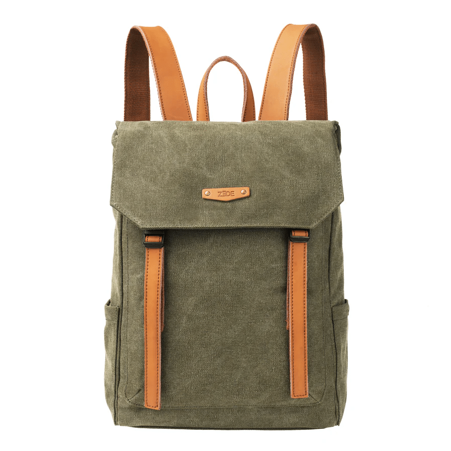 Sac à dos Quai de la Gare  - Toile et cuir - Olive – ZEDE - Vu de face sur fond blanc