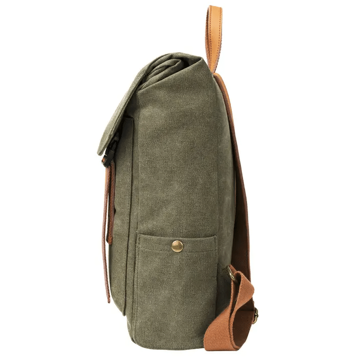 Sac à dos Quai de la Gare  - Toile et cuir - Olive – ZEDE - Vu de côté sur fond blanc