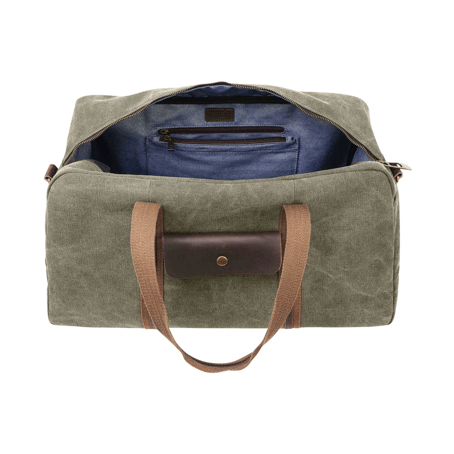 un sac de voyage "Tolbiac" olive ZEDE, vue du dessus sur fond blanc