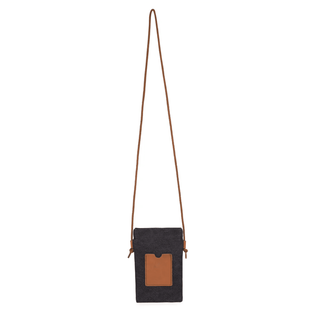 une sacoche pour téléphone noir, vue de derrière sur fond blanc