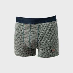 un boxer en coton biologique bleu marine et vert Billybelt, vue de face sur fond blanc