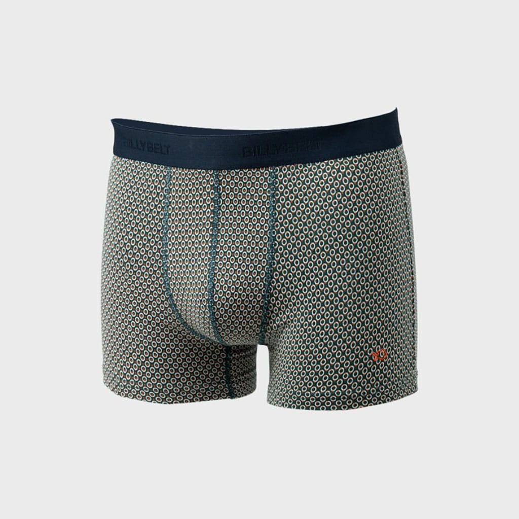 un boxer en coton biologique bleu marine et vert Billybelt, vue de face sur fond blanc