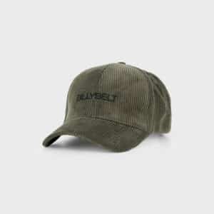 une casquette en velours kaki billybelt, vue de face sur fond blanc