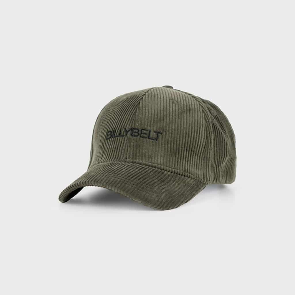 une casquette en velours kaki billybelt, vue de face sur fond blanc