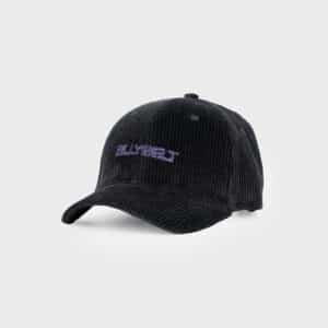 une casquette en velours noir billybelt, vue de face sur fond blanc