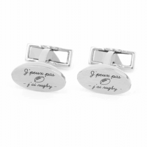 Boutons de manchette Rugby – "J’peux pas, j’ai rugby" – Argent - The Nines - Vus de face sur fond blanc