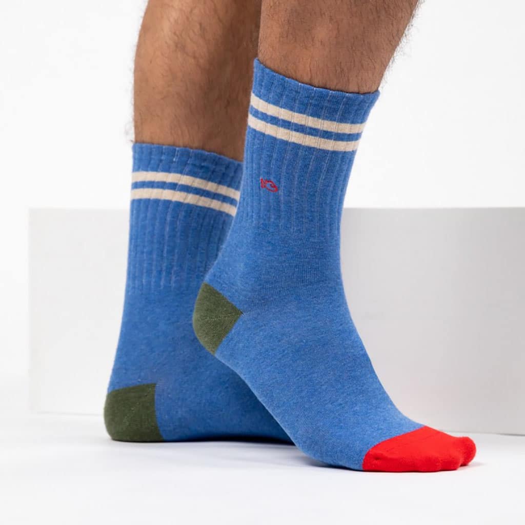 chaussettes en coton Rétro, bleu claire et beige, Billybelt, portée
