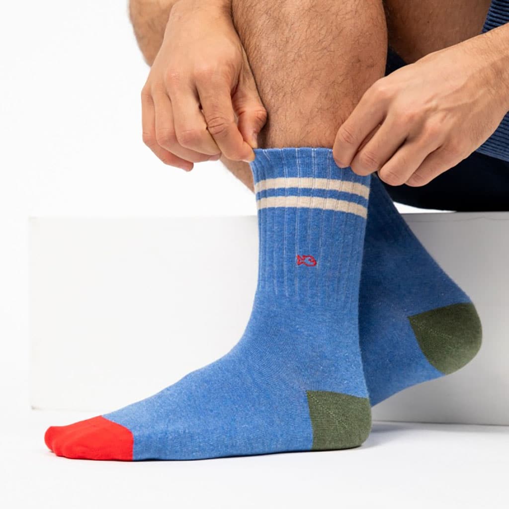 chaussettes en coton Rétro, bleu claire et beige, Billybelt, portée