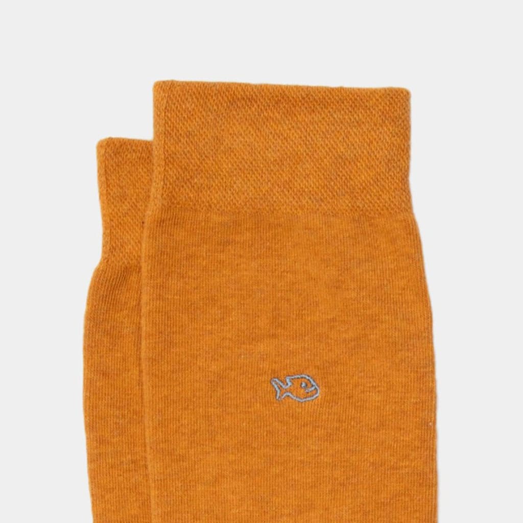 Une paire de chaussettes en coton peigné unies moutarde bleu et rouge Billybelt, vue de face sur fond blanc