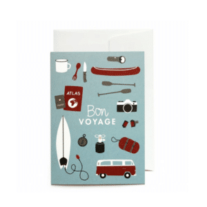 une carte de vœux avec enveloppe "bon voyage", vue de face sur fond blanc