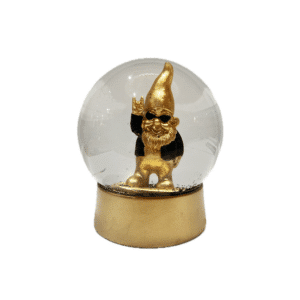 Une boule à neige nain de rocher doré Winkee, vue de face sur fond blanc