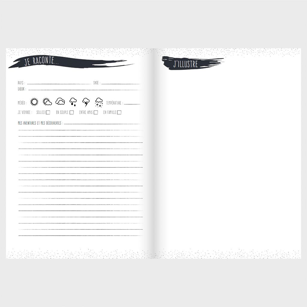 Carnet d’aventures voyages - un compagnon pour explorer le monde autrement, Aventura Edition, vue de face, ouvert, sur fond gris