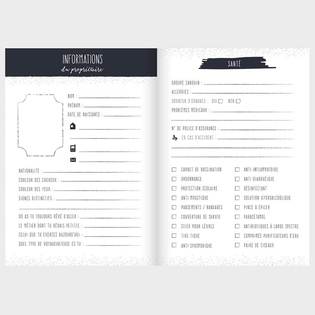 Carnet d’aventures voyages - un compagnon pour explorer le monde autrement, Aventura Edition, vue de face, ouvert, sur fond gris