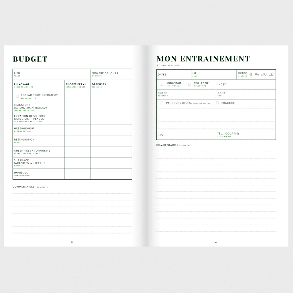 Carnet de golf - Le compagnon idéal pour vos souvenirs, Aventura Edition, vue de face, ouvert, sur fond gris