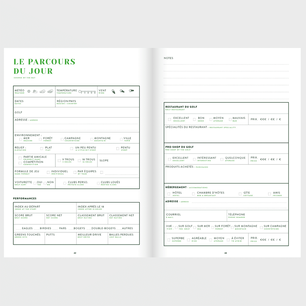Carnet de golf - Le compagnon idéal pour vos souvenirs, Aventura Edition, vue de face, ouvert, sur fond gris