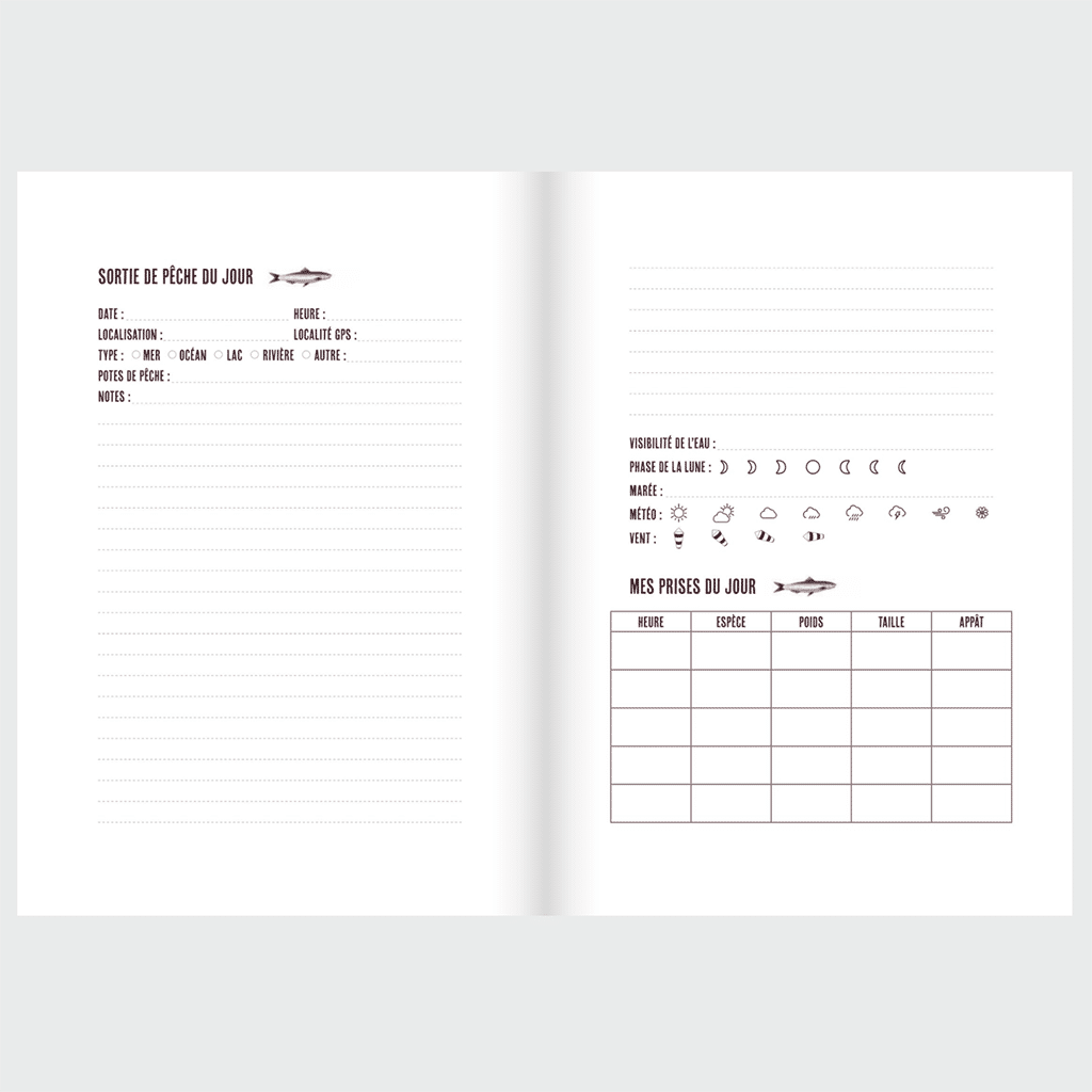 Carnet de pêche - un compagnon incontournable pour les pêcheurs, Aventura Edition, vue de face, ouvert, sur fond blanc