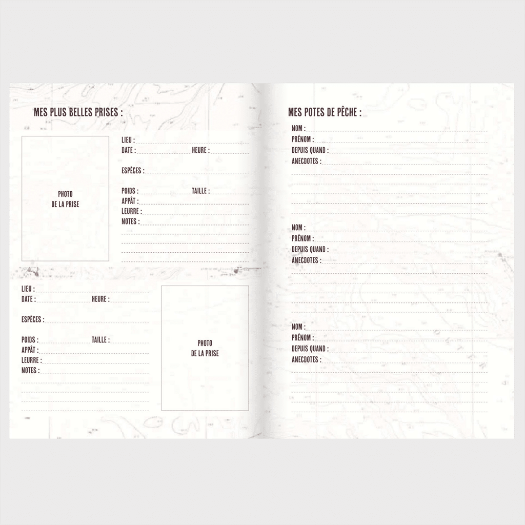Carnet de pêche - un compagnon incontournable pour les pêcheurs, Aventura Edition, vue de face, ouvert, sur fond blanc