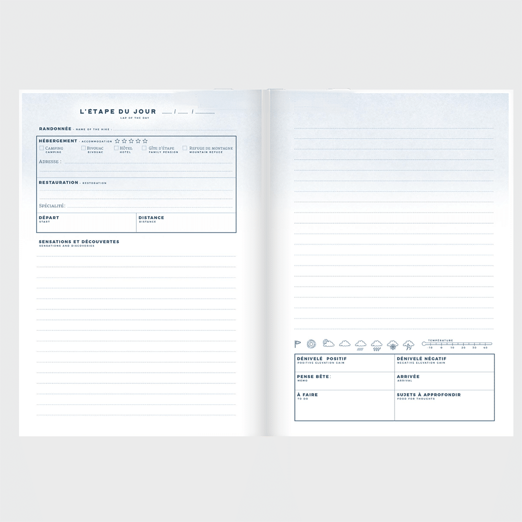 Carnet de Randonnée – La Mémoire de Vos Aventures, Aventura Edition, vue de face ouvert sur fond gris