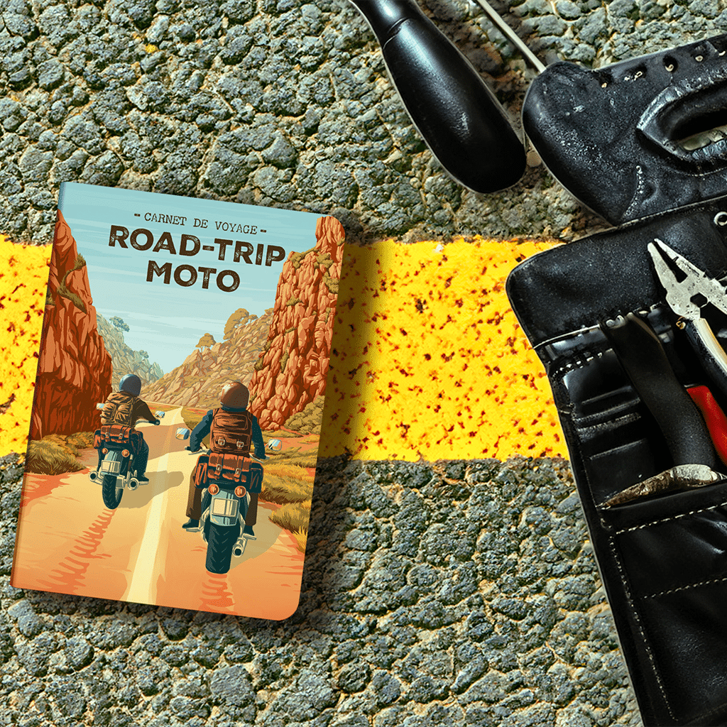 Carnet de Voyages Road Trip Moto : Votre Compagnon de Route, Aventura Edition, vue de face