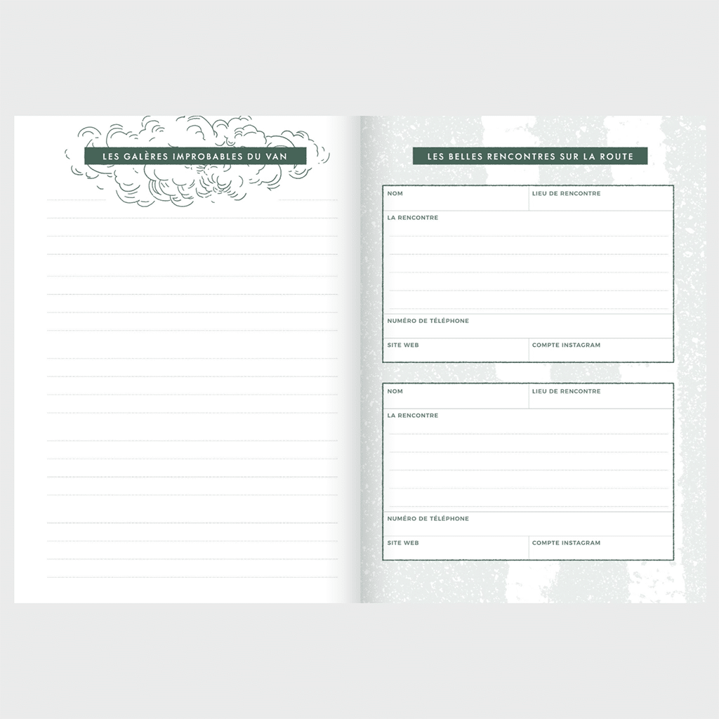 Carnet de voyage van life - Votre guide pour l’aventure sur la route, Aventura Edition, vue de face, ouvert, sur fond gris