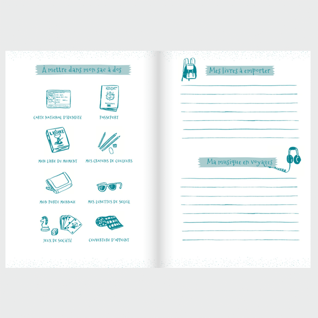 Journal d’aventures voyages pour enfant : Le compagnon idéal pour leurs découvertes, Aventura Edition, vue de face, ouvert, sur fond gris