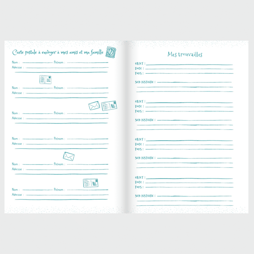 Journal d’aventures voyages pour enfant : Le compagnon idéal pour leurs découvertes, Aventura Edition, vue de face, ouvert, sur fond gris