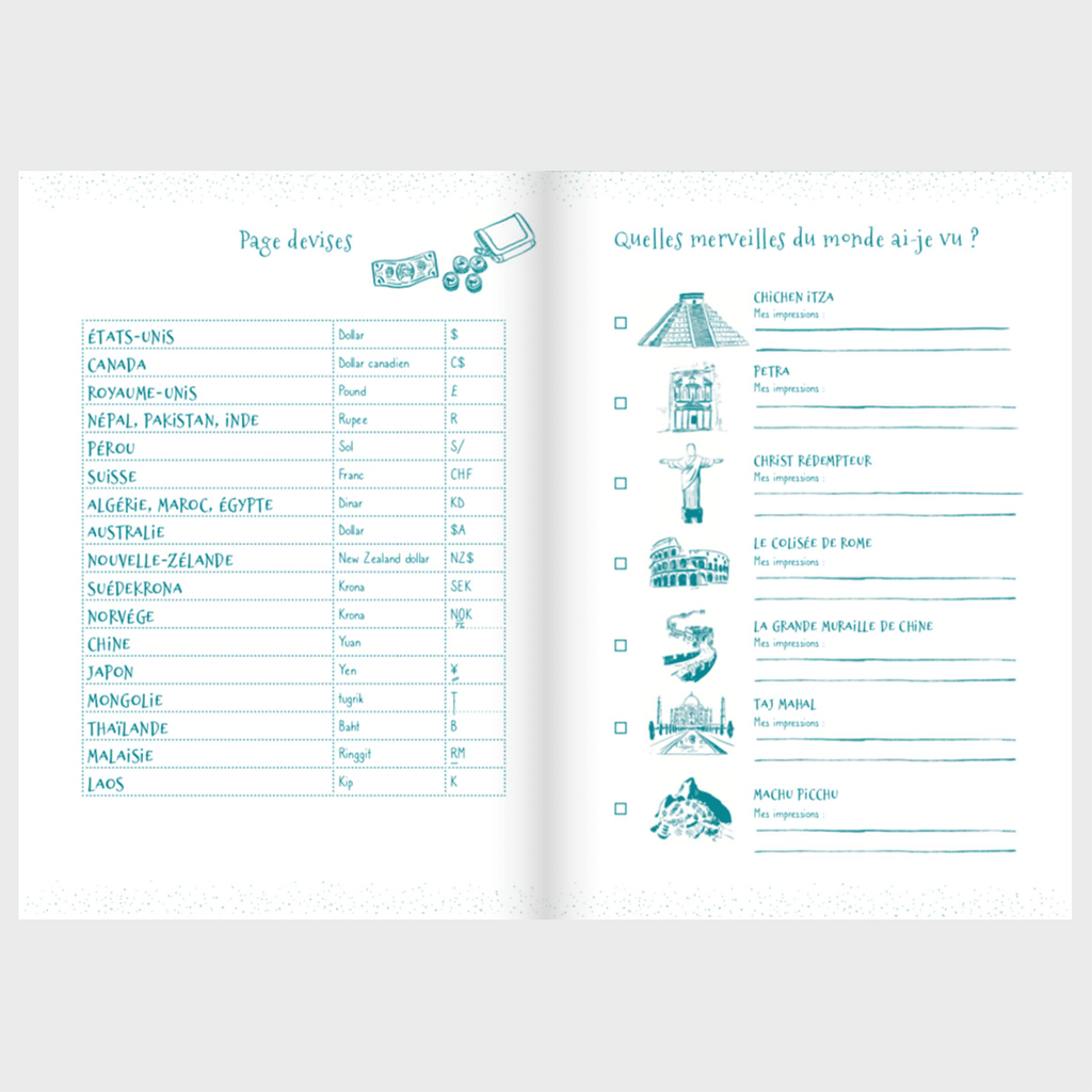 Journal d’aventures voyages pour enfant : Le compagnon idéal pour leurs découvertes, Aventura Edition, vue de face, ouvert, sur fond gris