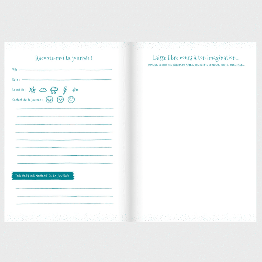Journal d’aventures voyages pour enfant : Le compagnon idéal pour leurs découvertes, Aventura Edition, vue de face, ouvert, sur fond gris