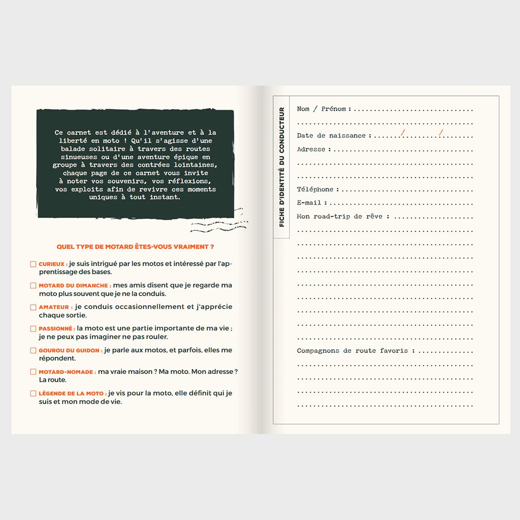 Carnet de Voyages Road Trip Moto : Votre Compagnon de Route, Aventura Edition, vue de face, ouvert, sur fond gris