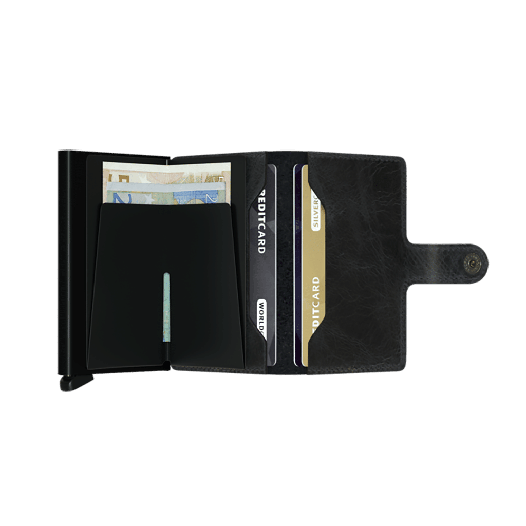 Miniwallet Vintage Black : Élégance et Compacité, Secrid, vue de face ouvert sur fond blanc