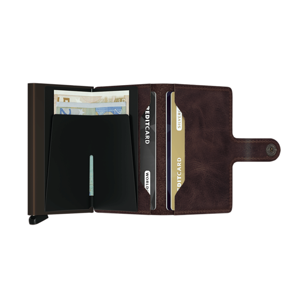 Miniwallet Vintage Chocolate : Élégance et Compacité, Secrid, vue de face ouvert sur fond blanc