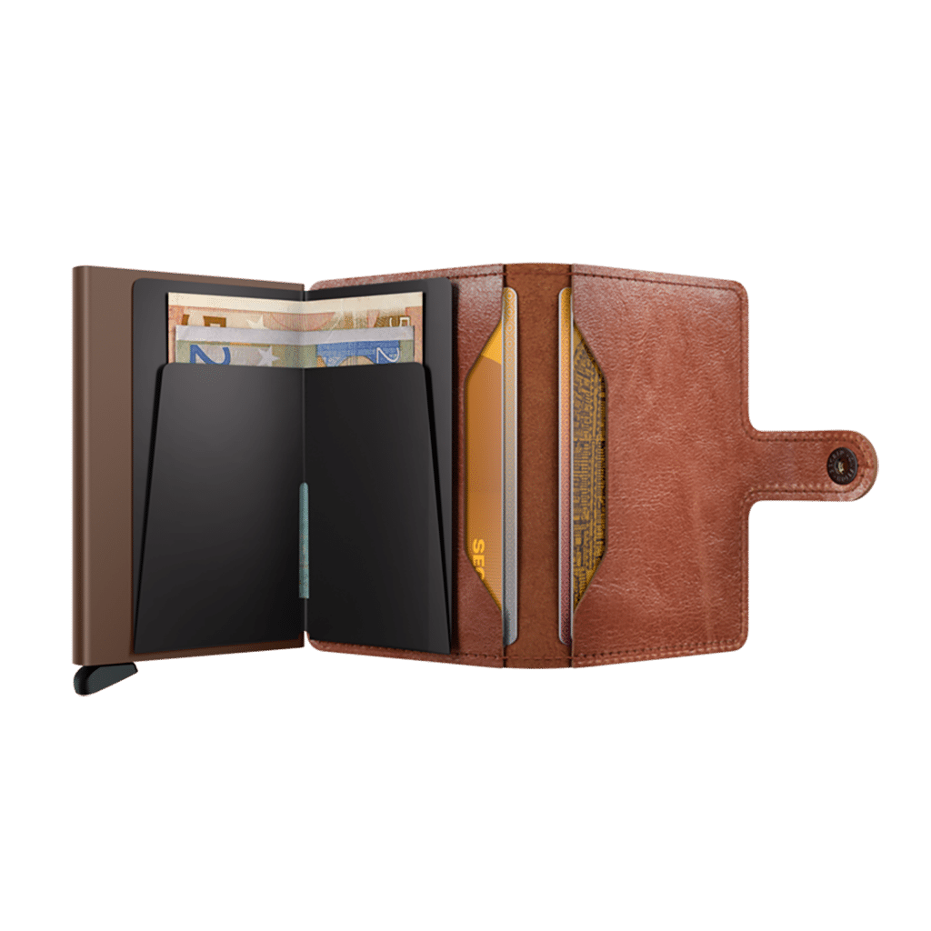 Miniwallet Vintage Cognac-Brown : Élégance et Compacité, Secrid, vue de face ouvert sur fond blanc