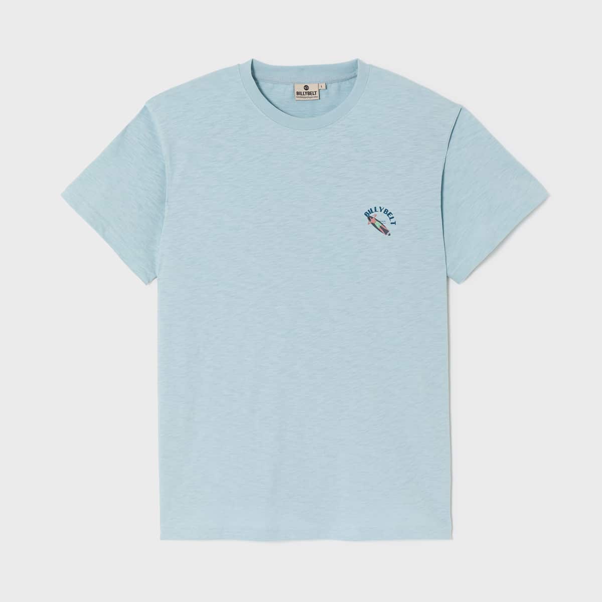 T-shirt 100% coton biologique Surfeur - Bleu clair – Billybelt - Vu de face sur fond blanc