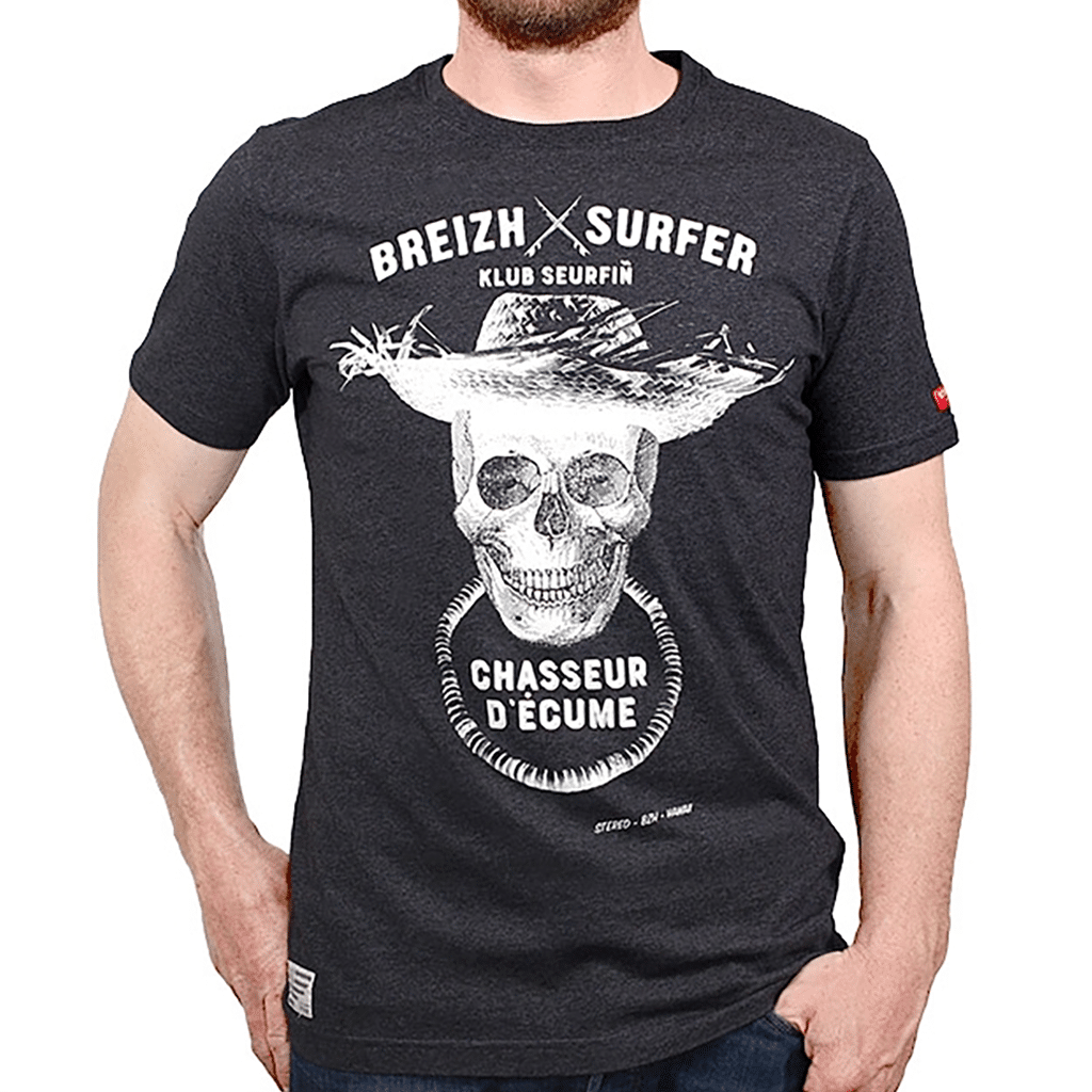 T-shirt Breizh Surfer Gris Foncé, Stered, vue de face sur fond blanc