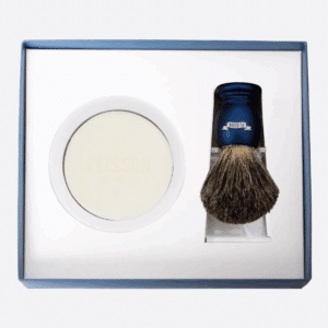 Coffret Initiation Blaireau Véritable – Bleu Nuit – Plisson - Vu de face sur fond blanc