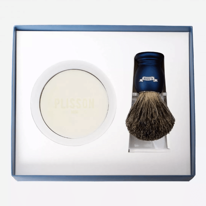 Coffret Initiation Blaireau Véritable – Bleu Nuit – Plisson - Vu de face sur fond blanc