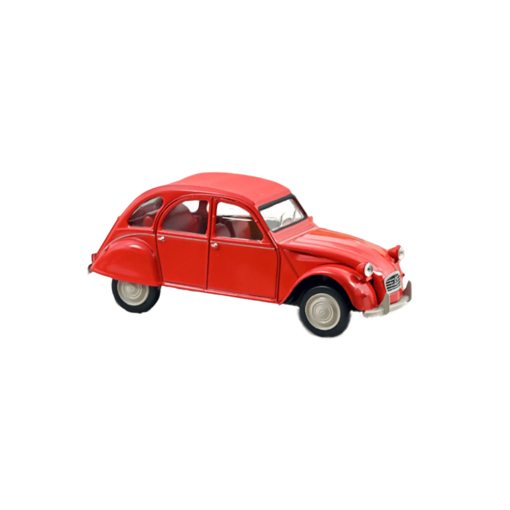 Voiture minimaliste 1/43 - Citroën 2CV 1978 – Rouge Géranium – Norev - Vue de face sur fond blanc
