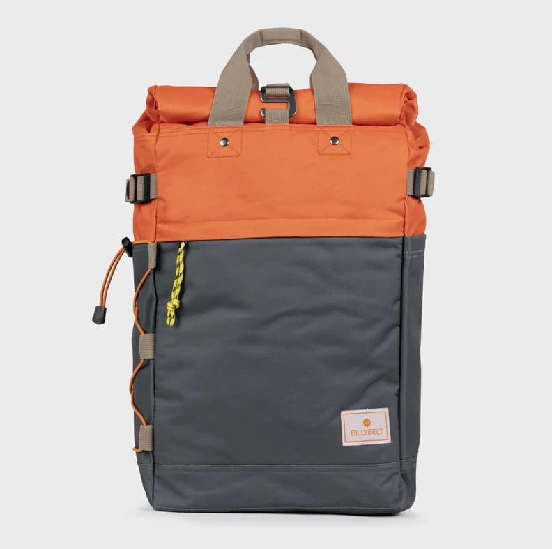 Sac à dos Roll-Top Orange et bleu grisé – 100 % Polyester Recyclé – Billybelt - Vu de face sur fond blanc