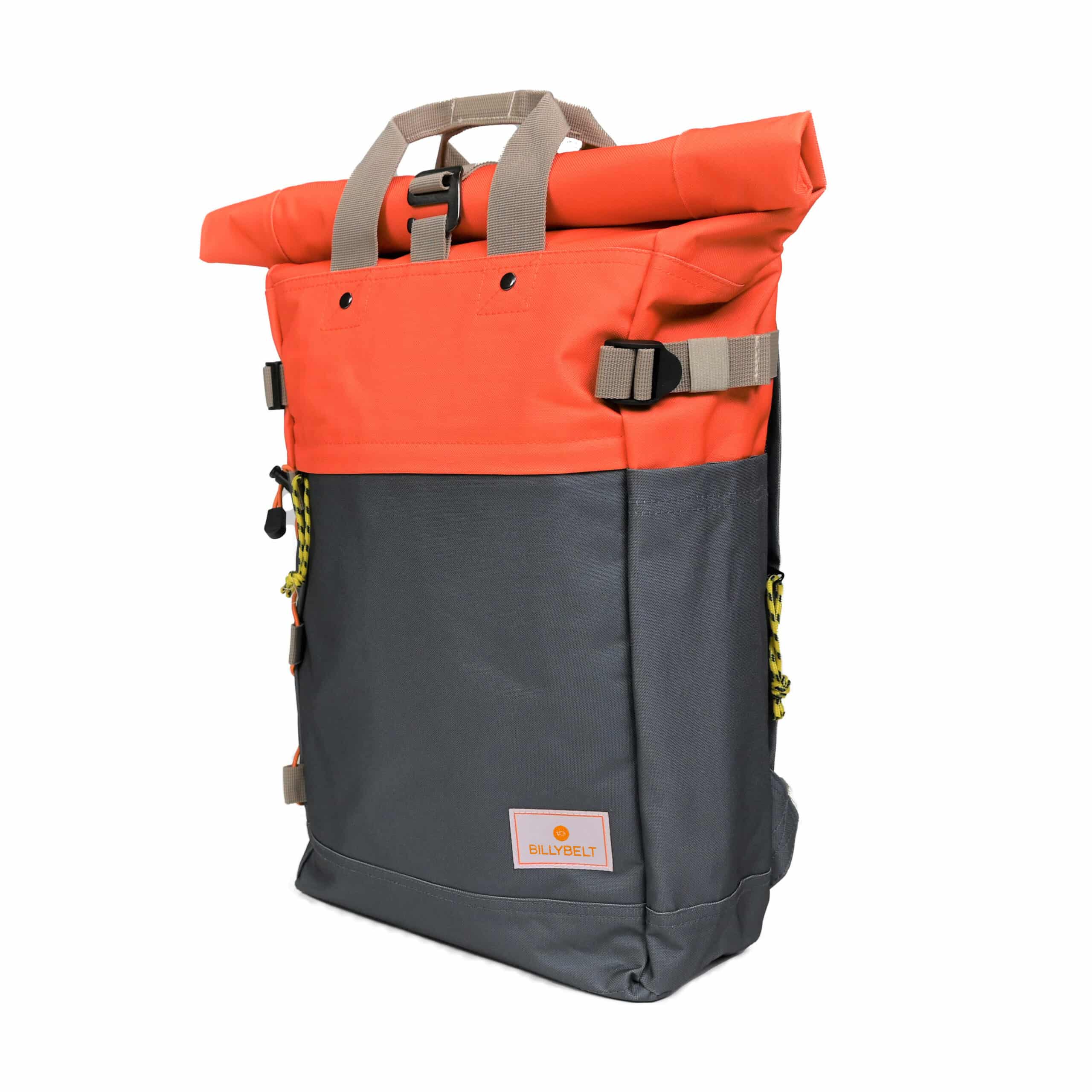 Sac à dos Roll-Top Orange et bleu grisé – 100 % Polyester Recyclé – Billybelt - Vu de côté sur fond blanc