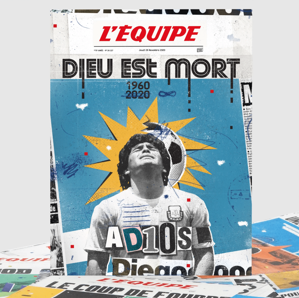 Affiche - L'équipe - Foot Maradona - Plakat - vue de face sur fond blanc.