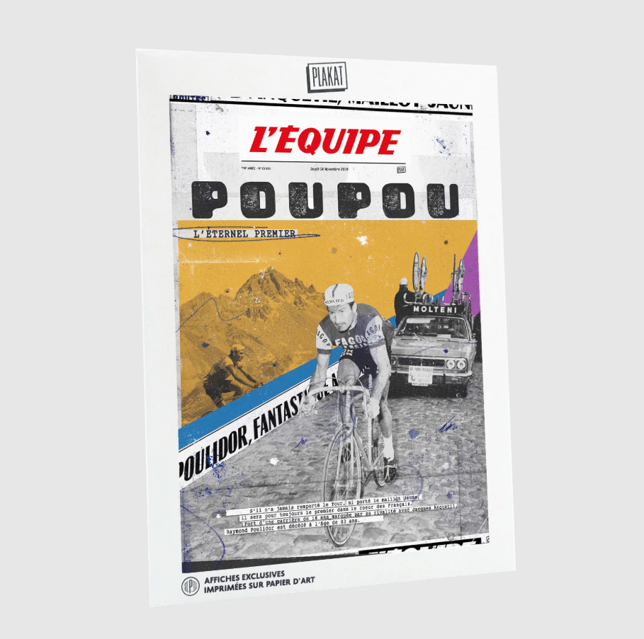 Affiche - L'équipe - Cyclisme Poulidor - Plakat - vue de coté sur fond blanc.