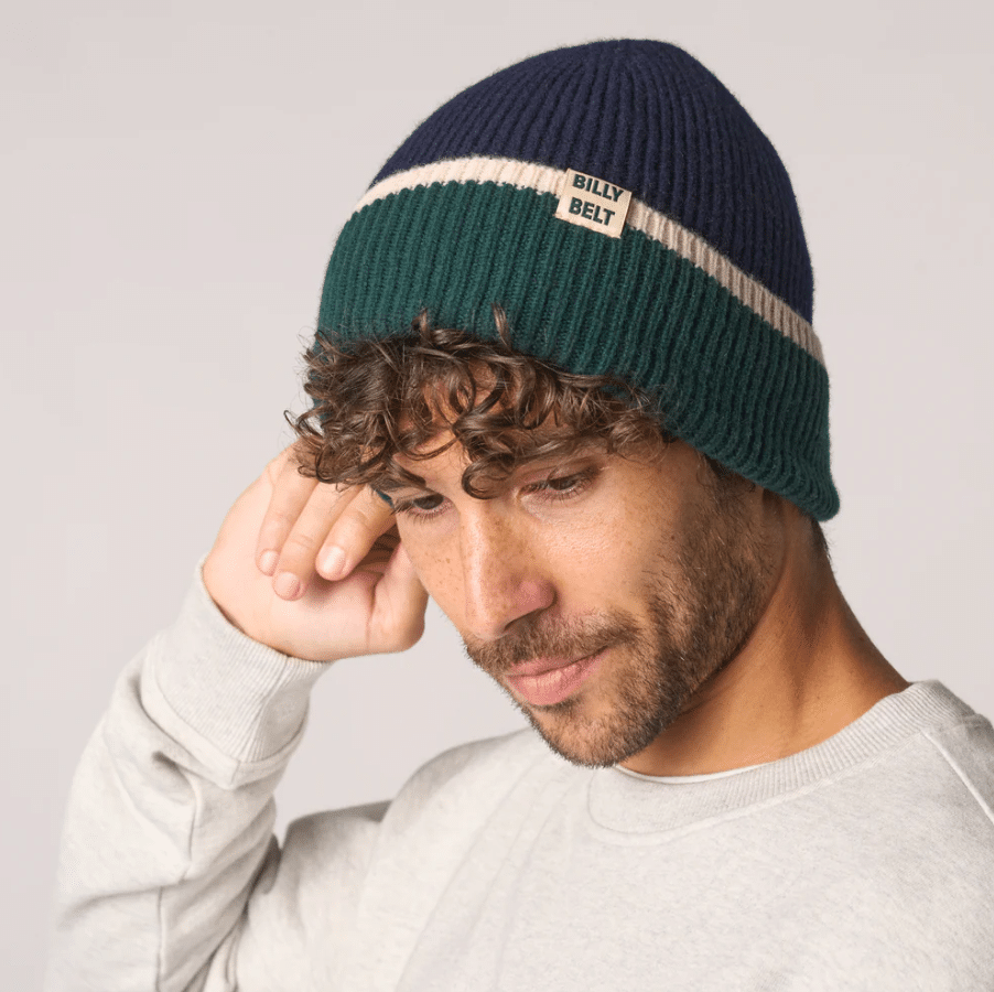 Bonnet en laine  – Marine, Vert et Beige – Billybelt - Porté