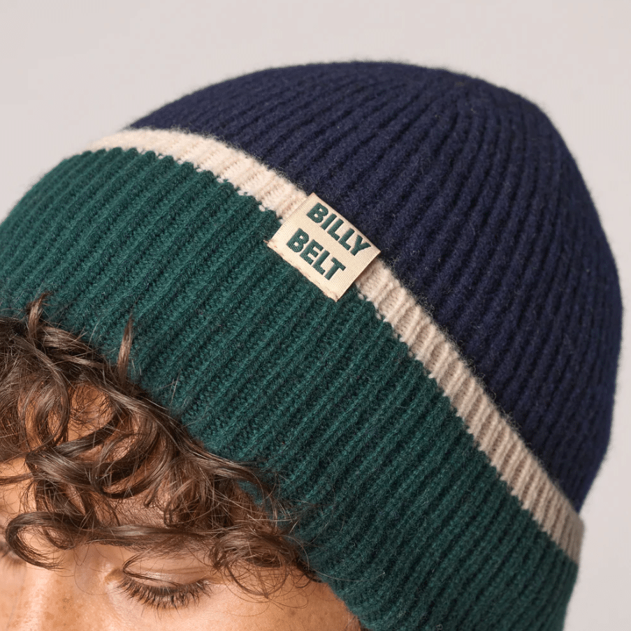 Bonnet en laine  – Marine, Vert et Beige – Billybelt - Porté