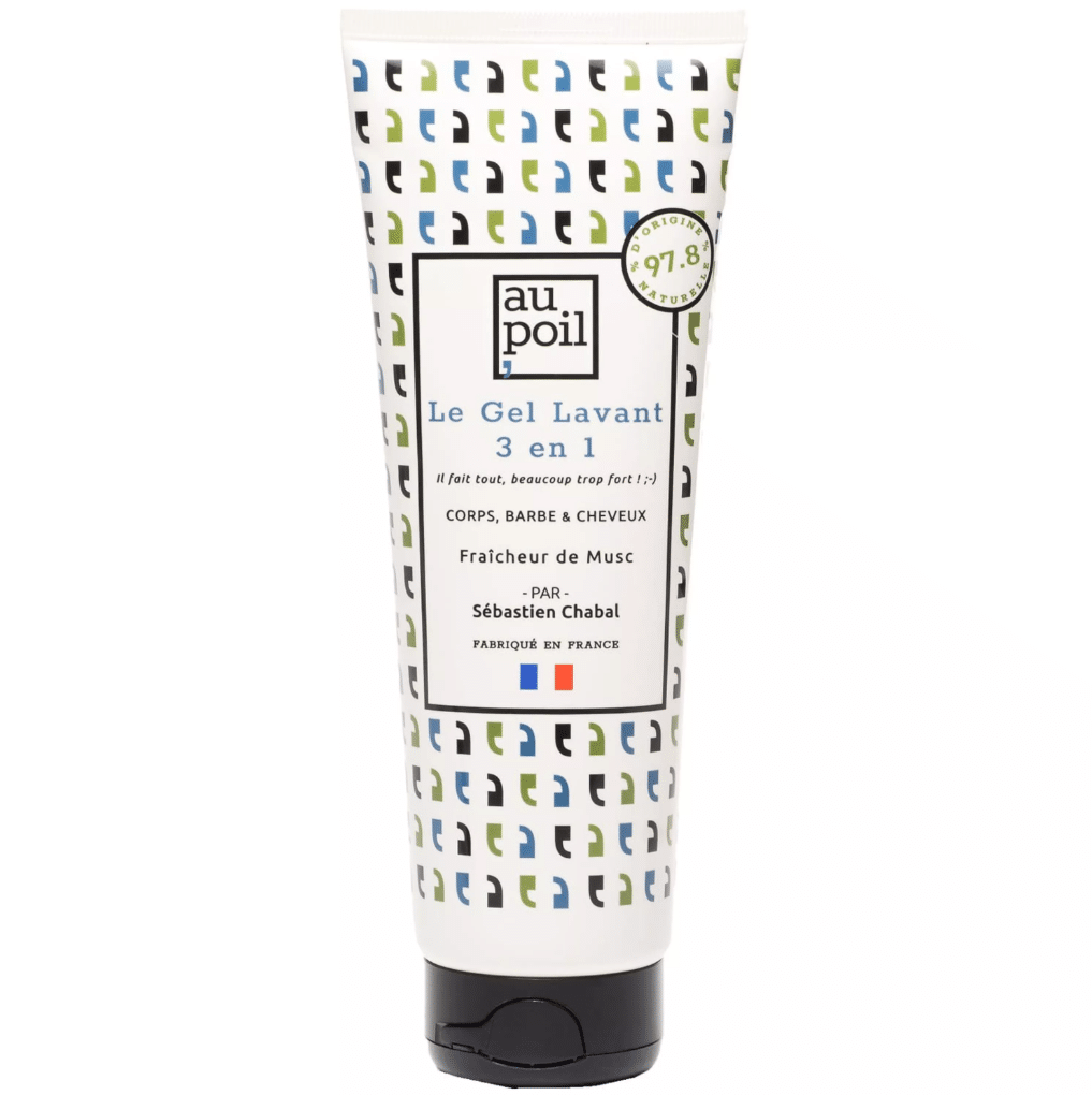 Gel lavant 250ml homme - 3 en 1 - Au poil - vue de face sur fond blanc.