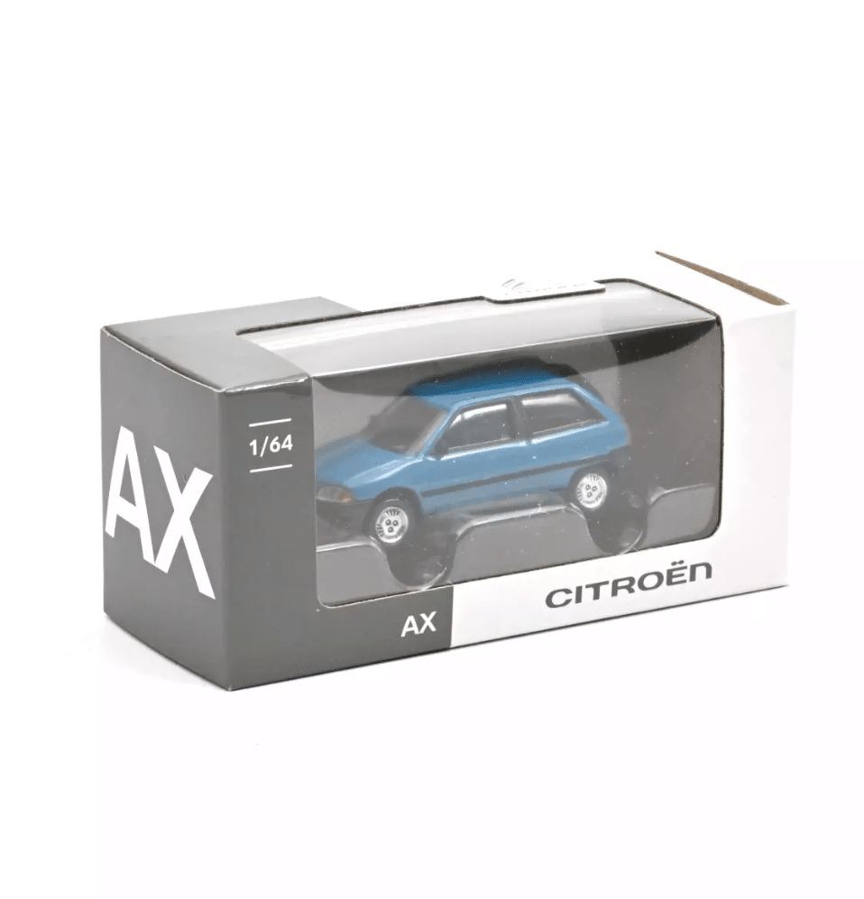 Voiture minimaliste 1/64 - Citroën AX - Bleu - Norev - vue de coté.
